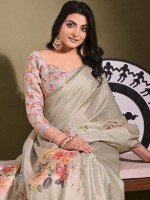 Silver Tussar Silk Digital Print Saree